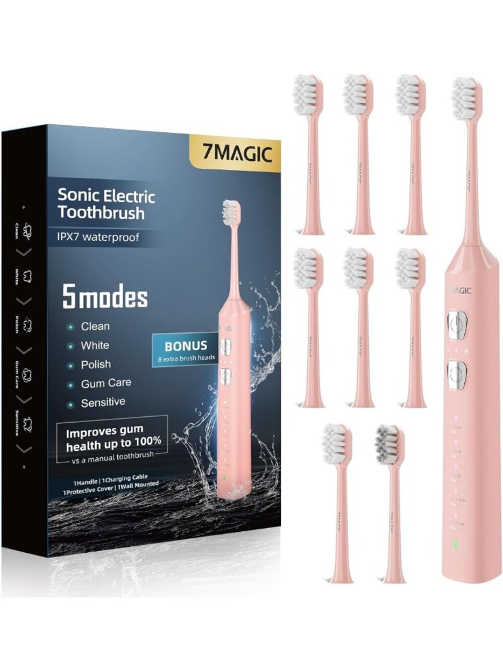 Sonic Electric Toothbrush with 180-Day Battery, 42000 VPM, 8 Brush Heads, Pink